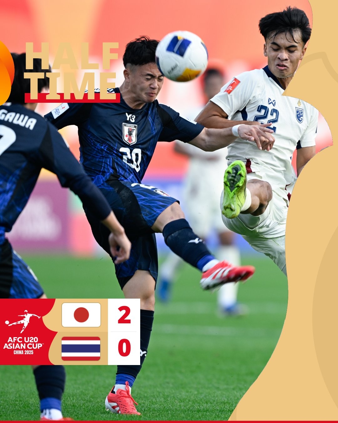  半場-日本U20 2-0領先泰國U20，石井久繼破門+中柱 泰國0射正