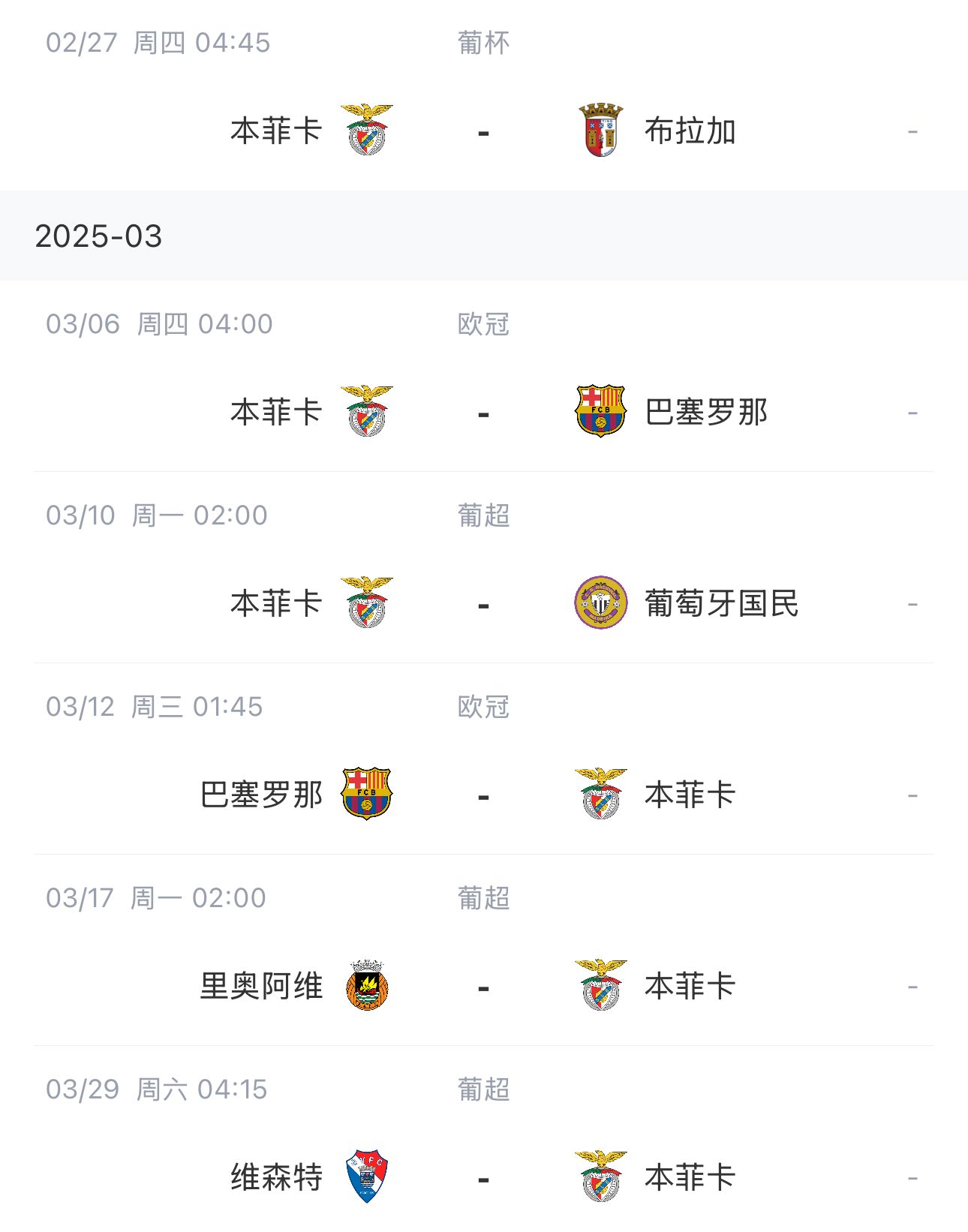  讓路歐冠！本菲卡戰(zhàn)巴薩首回合比賽前的葡超比賽推遲進行