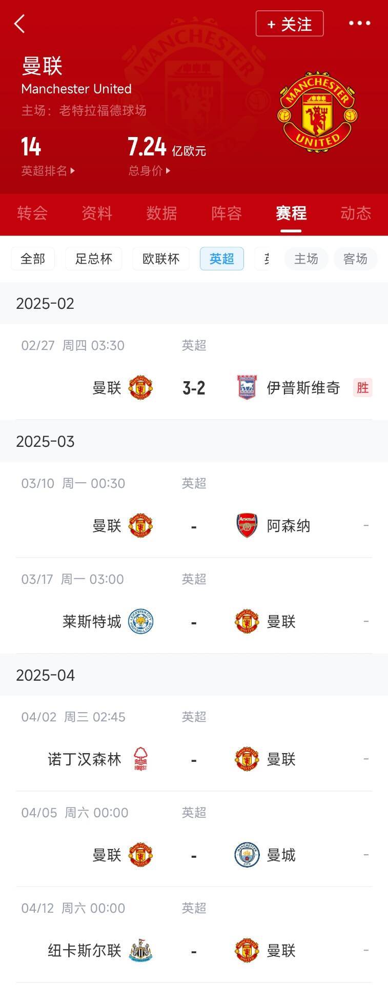 藍(lán)狐救一下？曼聯(lián)未來5輪將遭遇英超2/3/4/6名：槍手森林曼城紐卡